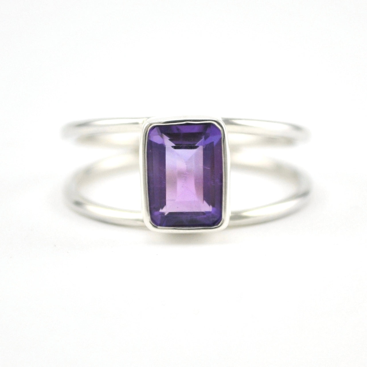 Front View Silver Amethyst 6x8mm Rectangle 2 Band Ring