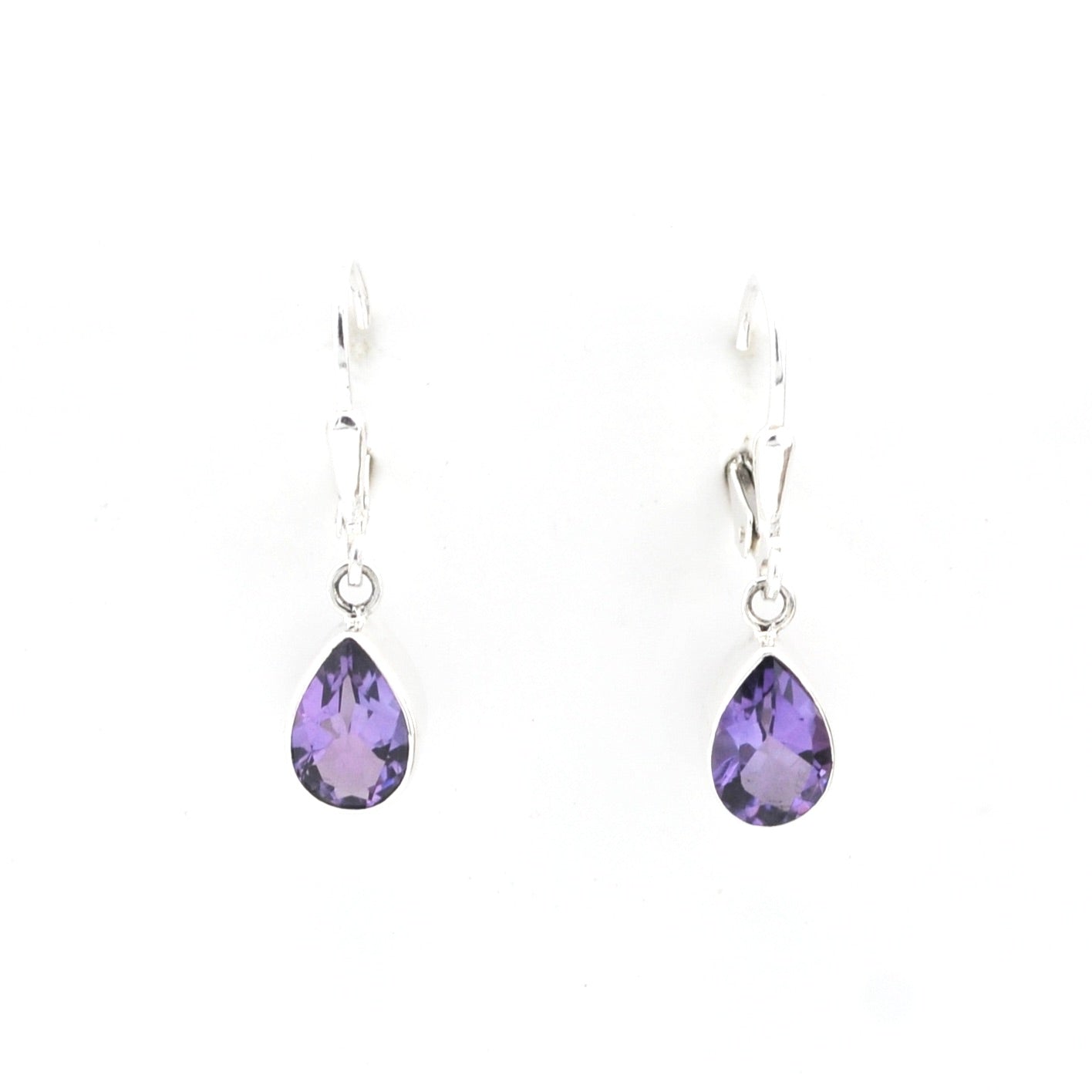 Pair of teardrop-shaped purple earrings on a white background