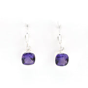 Pair of purple square gemstone earrings on a white background
