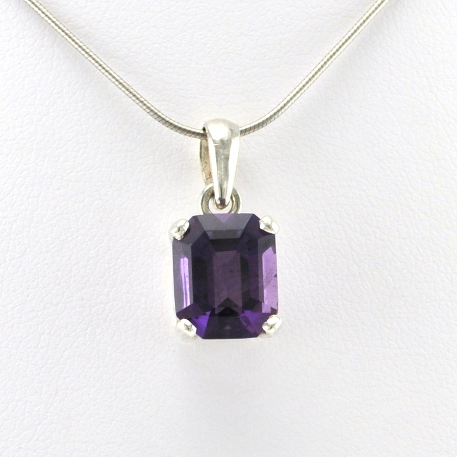 Front View Silver Amethyst 9X11mm Rectangle Prong Set Pendant