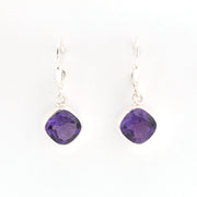 Front View Silver Amethyst 9mm Offset Square Dangle Earrings