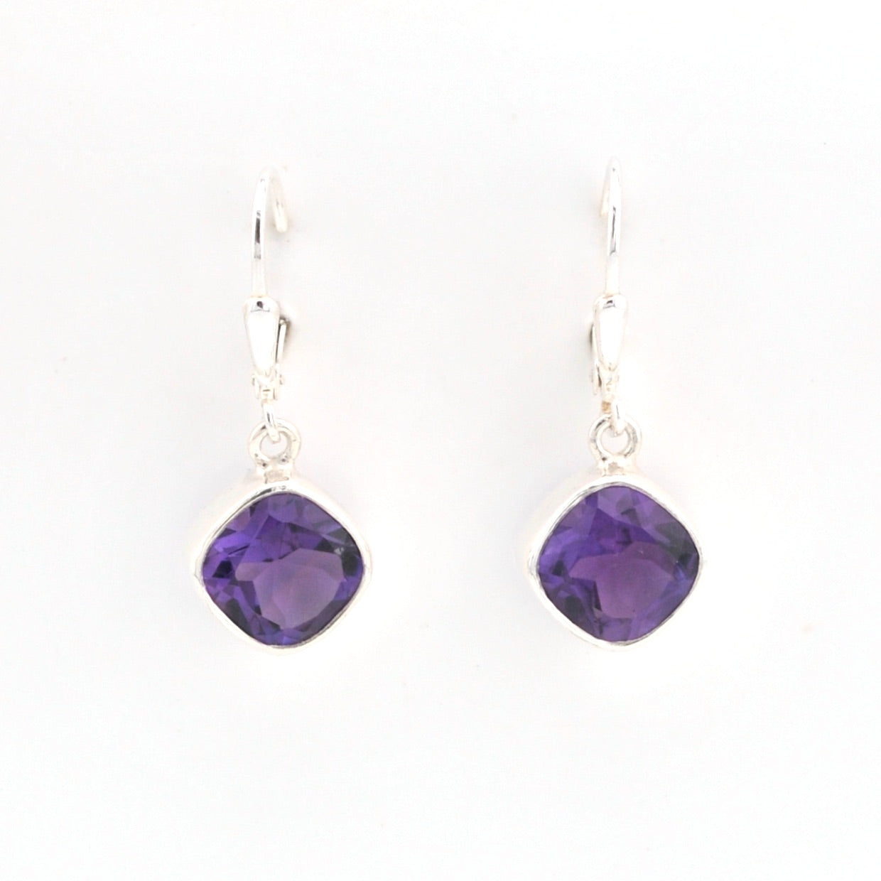 Front View Silver Amethyst 9mm Offset Square Dangle Earrings