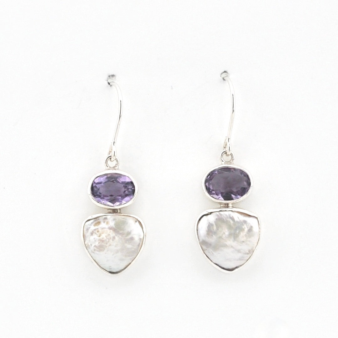 Silver Amethyst Keshi Dangle Earrings on white background