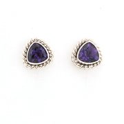 Pair of purple gemstone earrings with gold accents on a white background