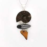 Front View Silver Ammonite Orthoceras Amber Pendant