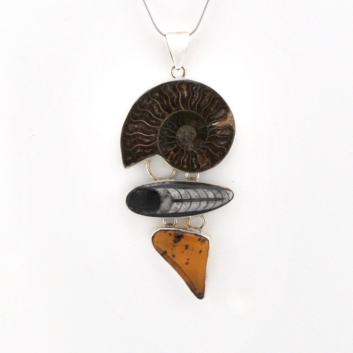 Front View Silver Ammonite Orthoceras Amber Pendant