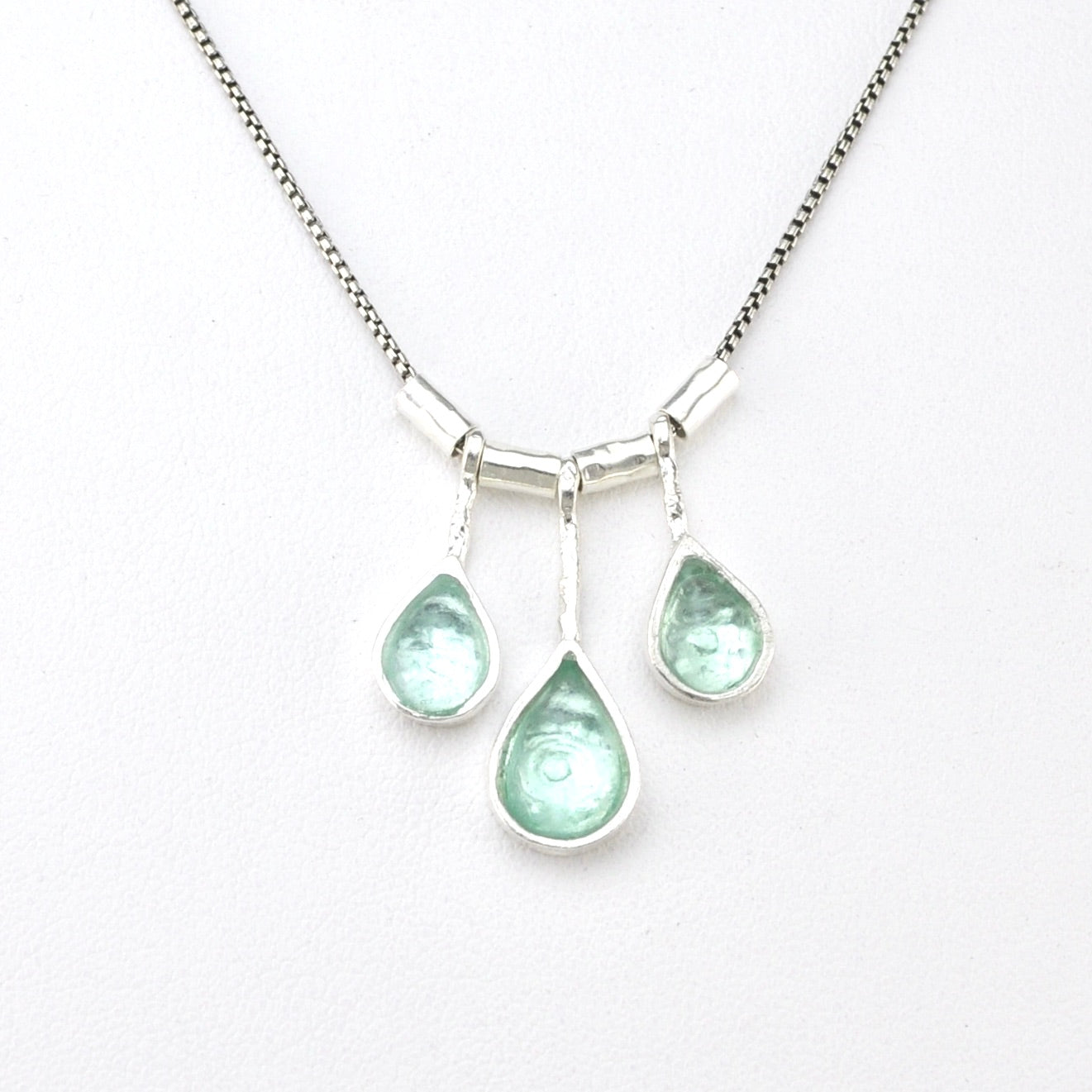 Front View Silver Ancient Roman Glass 3 Teardrop Necklace