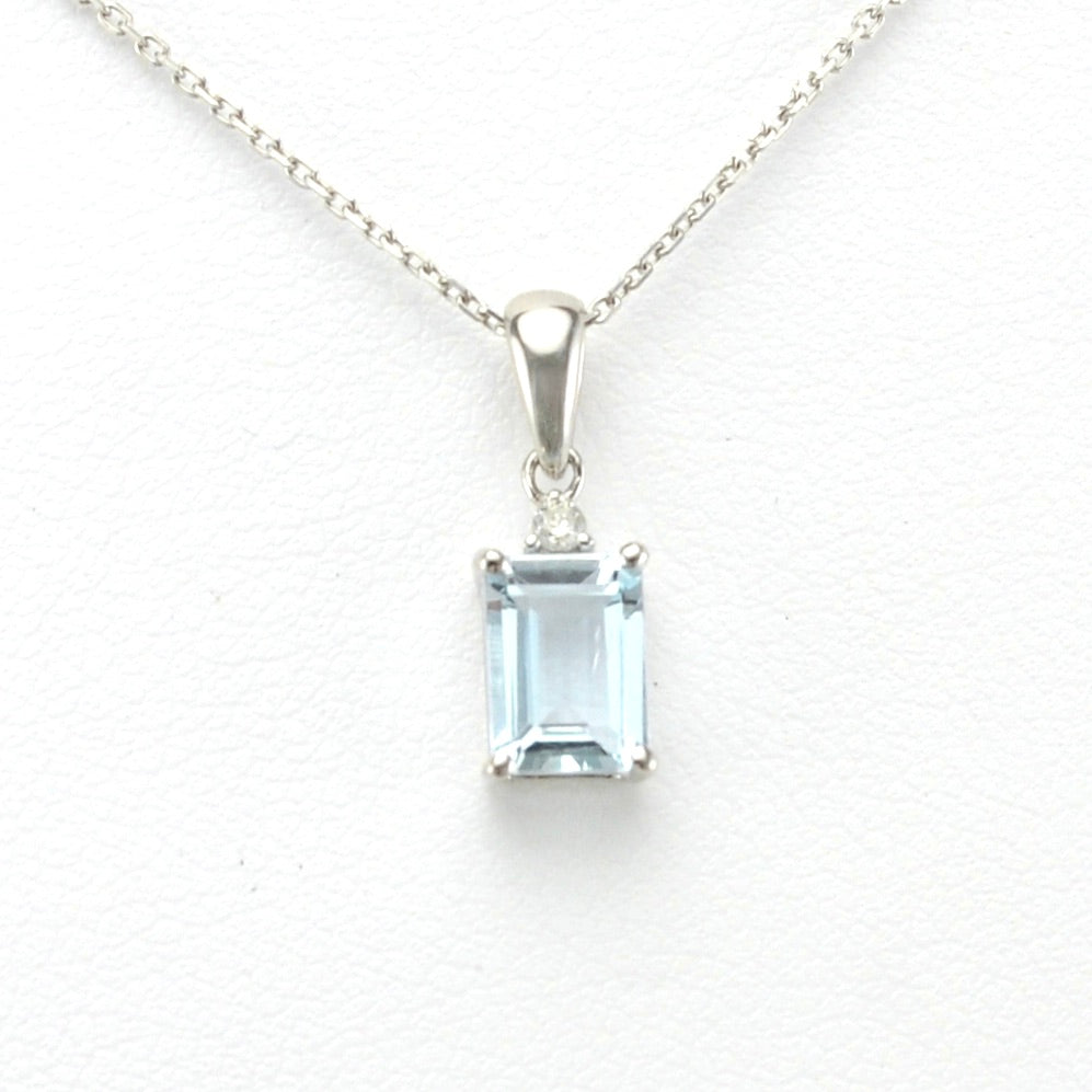 Front View Silver Aquamarine .8ct Rectangle Diamond .02ct Necklace