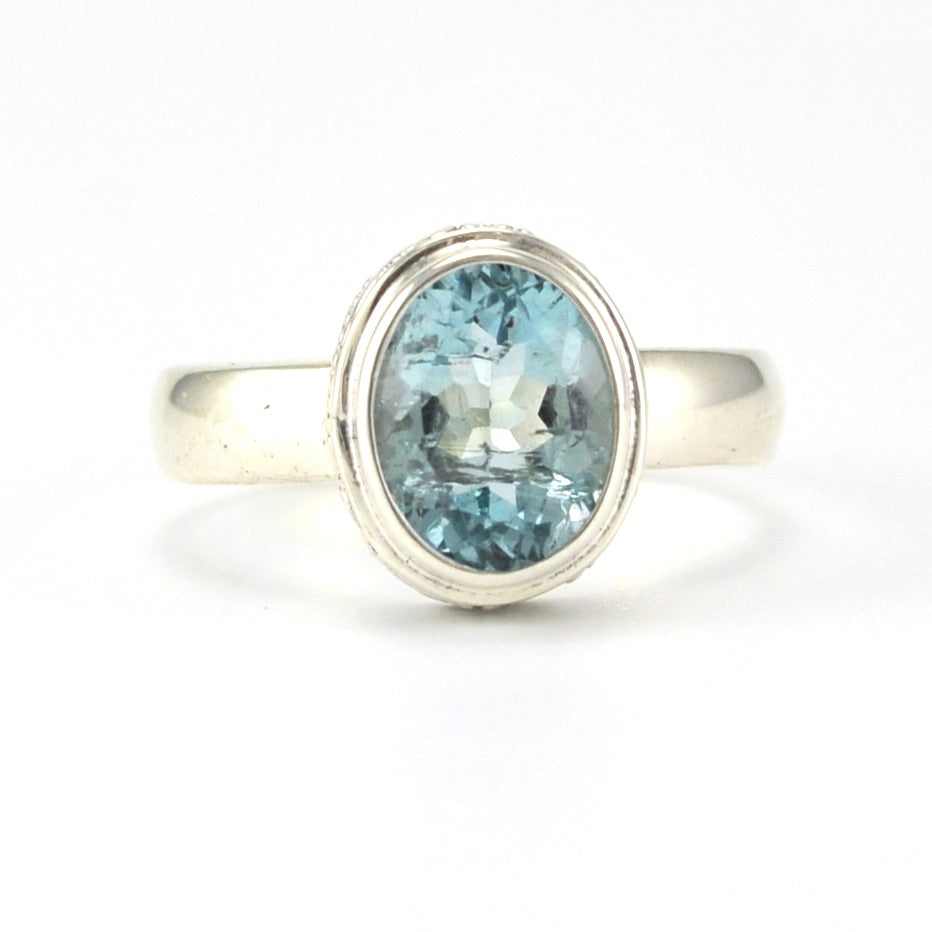 Front View Silver Aquamarine 7x9mm Oval Bali Ring