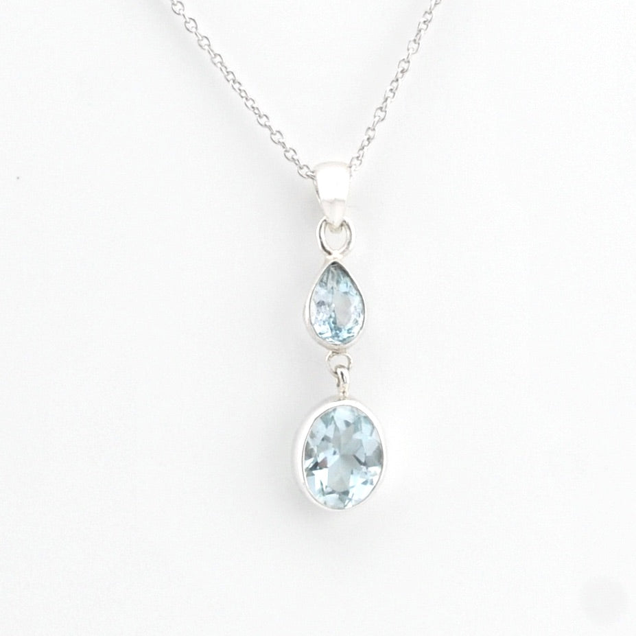Silver Aquamarine Tear Oval Necklace on white background