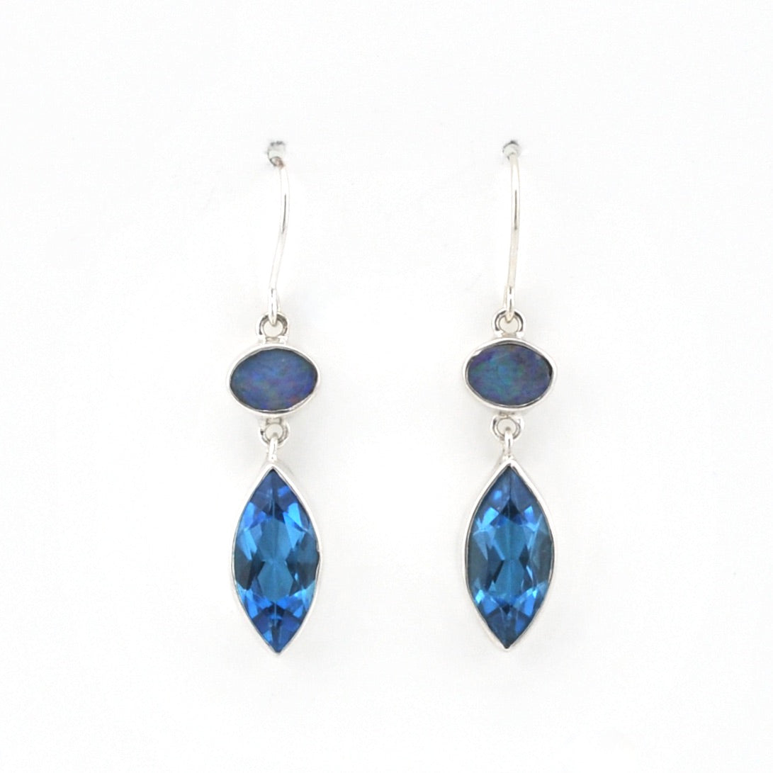 Silver Australian Opal Topaz Marquise Dangle Earring on white background