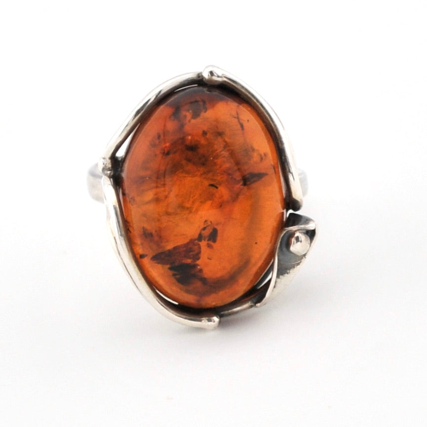 Front View Silver Baltic Amber Oval Adjustable Ring