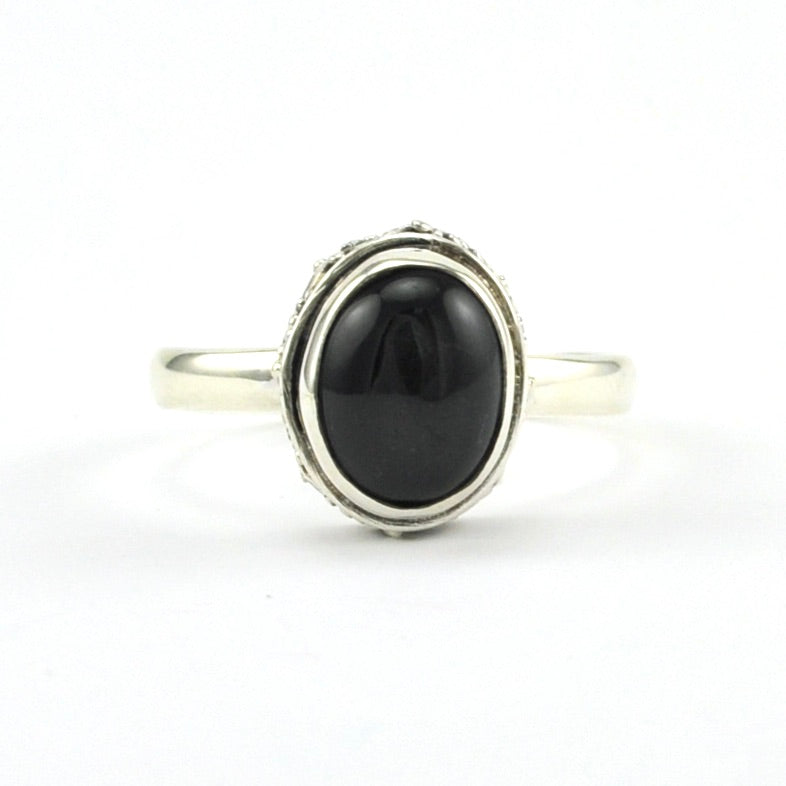 Front View Silver Black Star Diopside 7x9mm Oval Bali Ring