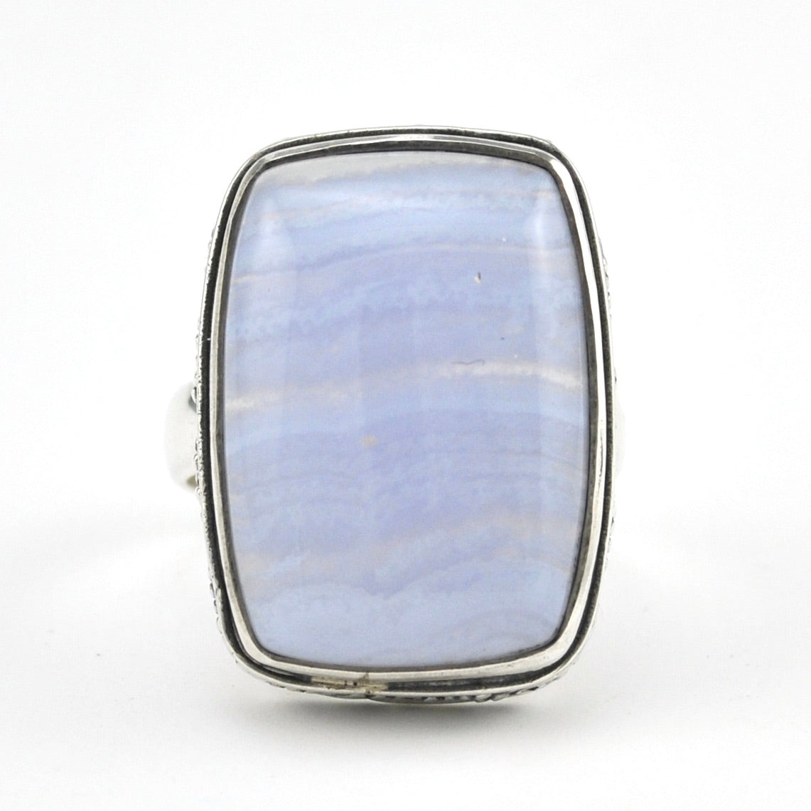 Front View Silver Blue Lace Agate 11x22mm Rectangle Bali Ring