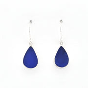 Silver Blue Sea Glass Tear Earrings on white background