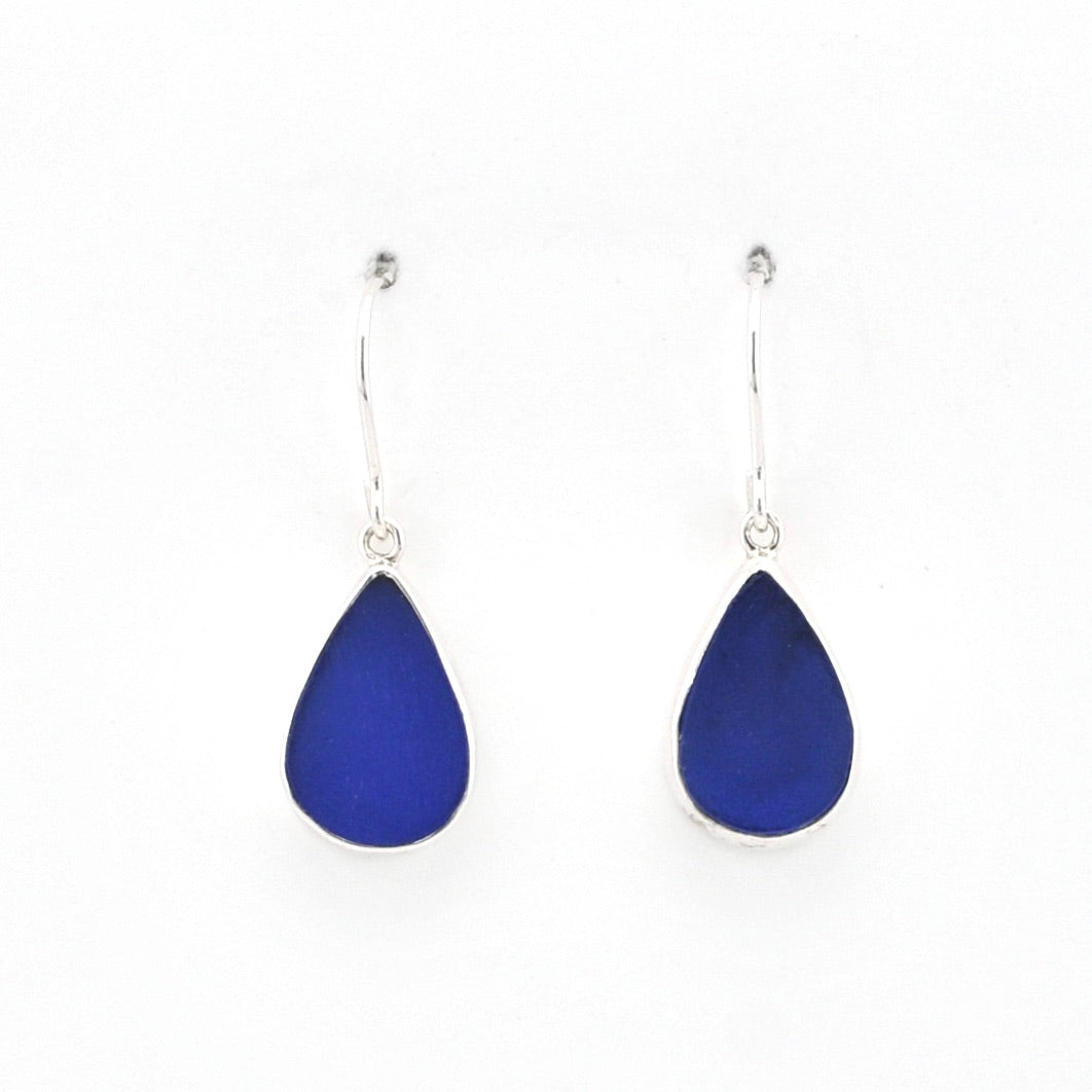 Silver Blue Sea Glass Tear Earrings on white background