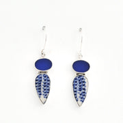 Silver Blue Sea Glass and Vintage Porcelain Earrings on white background