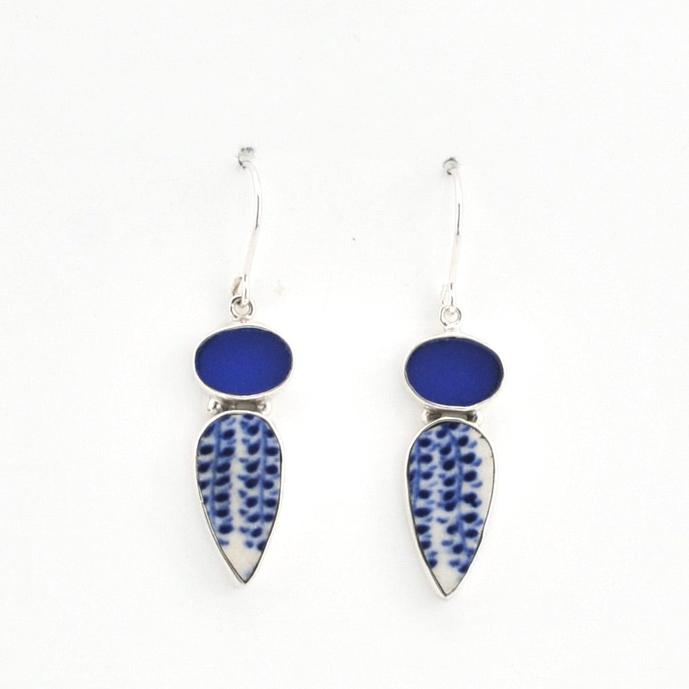 Silver Blue Sea Glass and Vintage Porcelain Earrings on white background