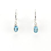 Pair of silver earrings with blue gemstones on a white background