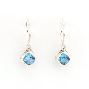 Front View Silver Blue Topaz 6mm Offset Square Bali Dangle Earrings