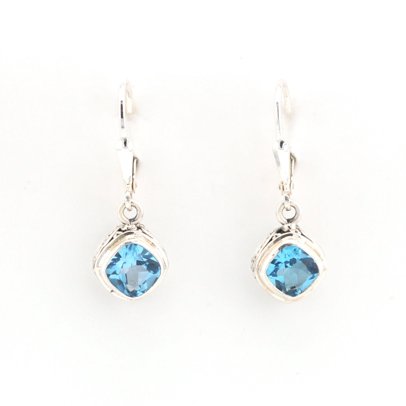 Front View Silver Blue Topaz 6mm Offset Square Bali Dangle Earrings