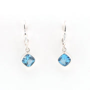 Front View Silver Blue Topaz 6mm Offset Square Dangle Earrings