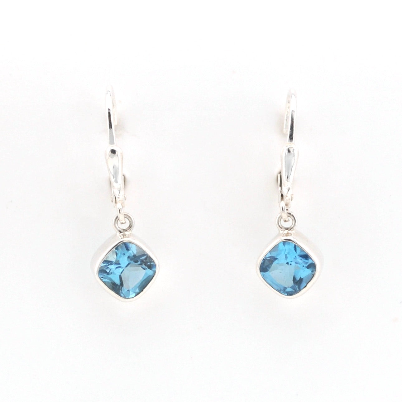 Front View Silver Blue Topaz 6mm Offset Square Dangle Earrings