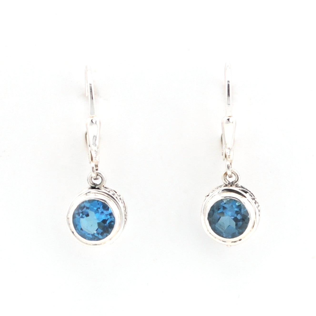 Front View Silver Blue Topaz 6mm Round Bali Dangle Earrings