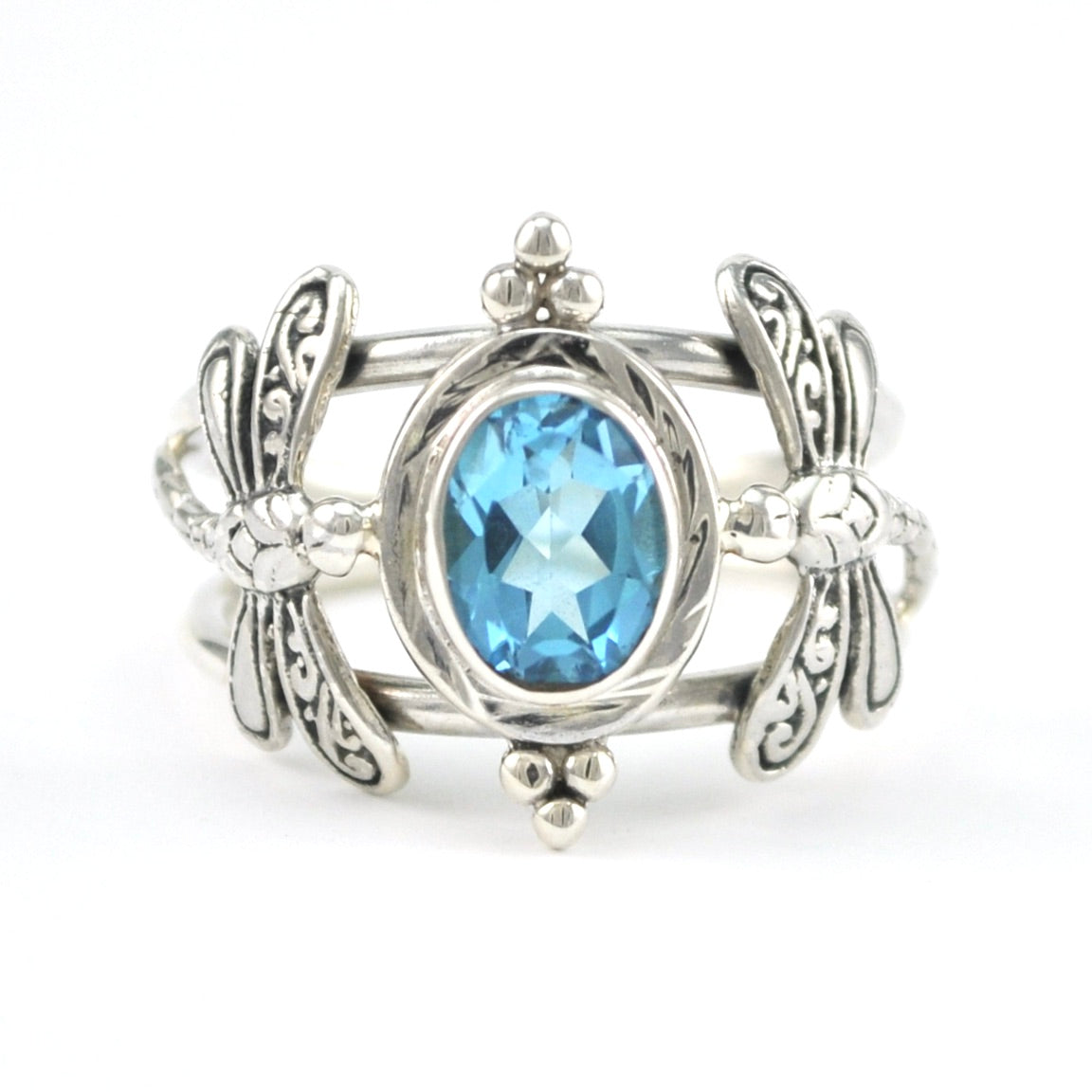 Front View Silver Blue Topaz 6x8mm Oval Dragonfly Ring