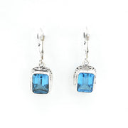 Pair of silver earrings with blue gemstones on a white background