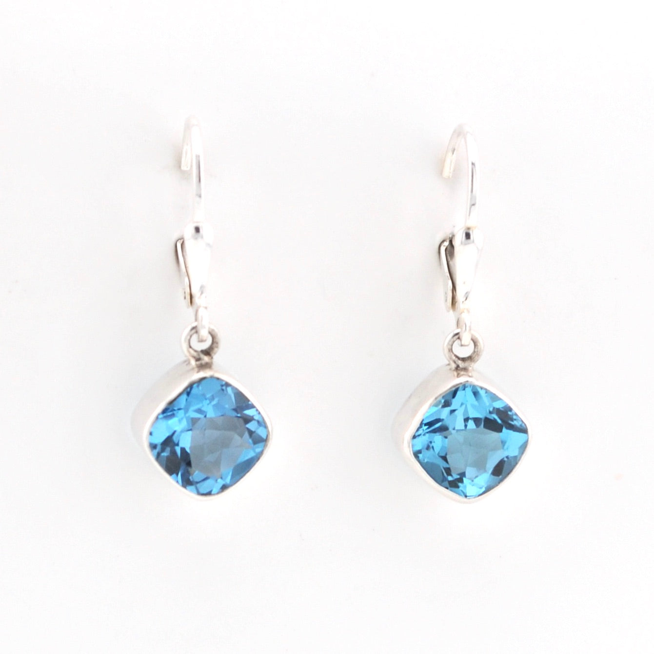 Front View Silver Blue Topaz 8mm Offset Square Earrings