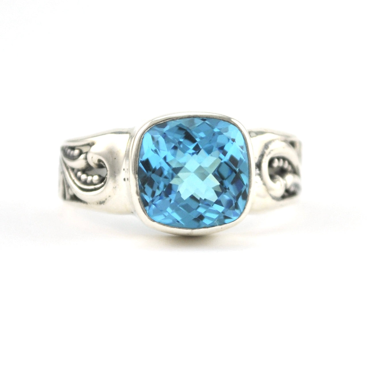 Front View Silver Blue Topaz 9mm Square Scroll Ring