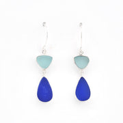 Silver Blue and Aqua Sea Glass Dangle Earrings on white background