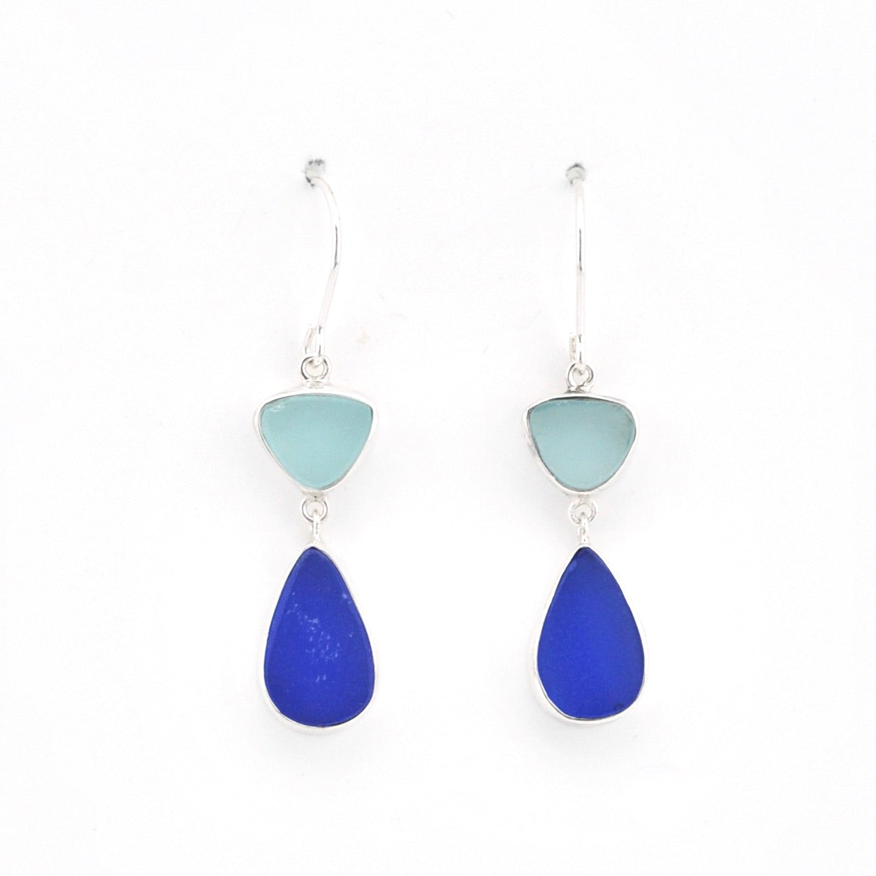 Silver Blue and Aqua Sea Glass Dangle Earrings on white background