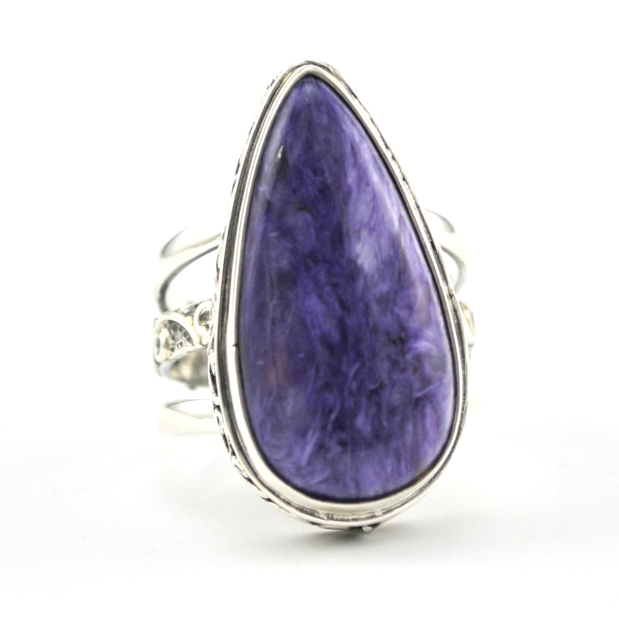 Front View Silver Charoite 13x26mm Tear Bali Ring