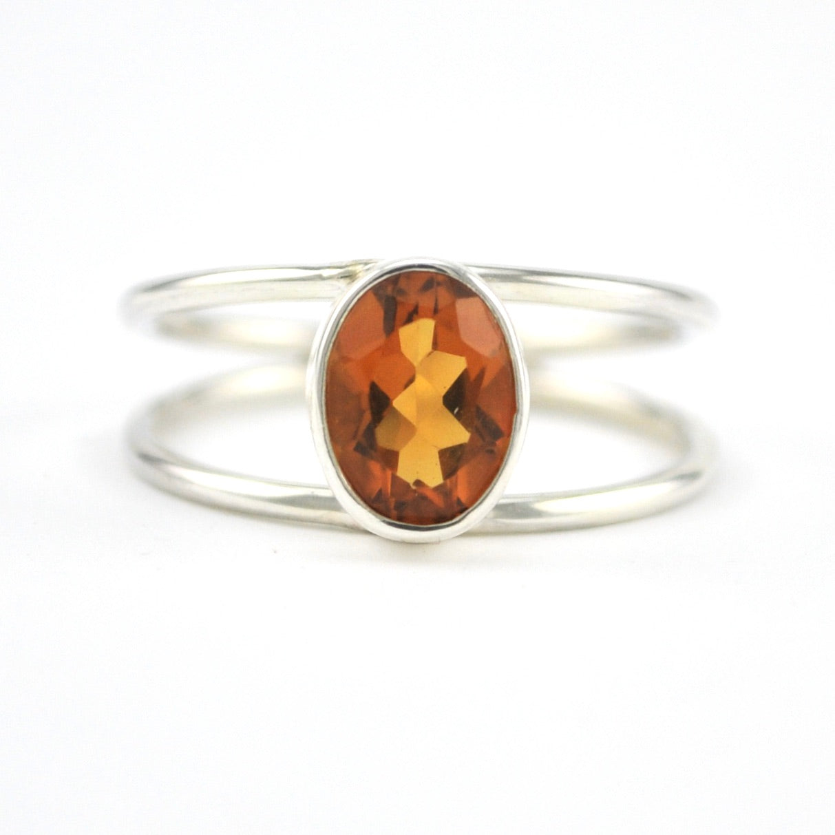 Front View Silver Citrine 6x8mm Oval 2 Band Ring