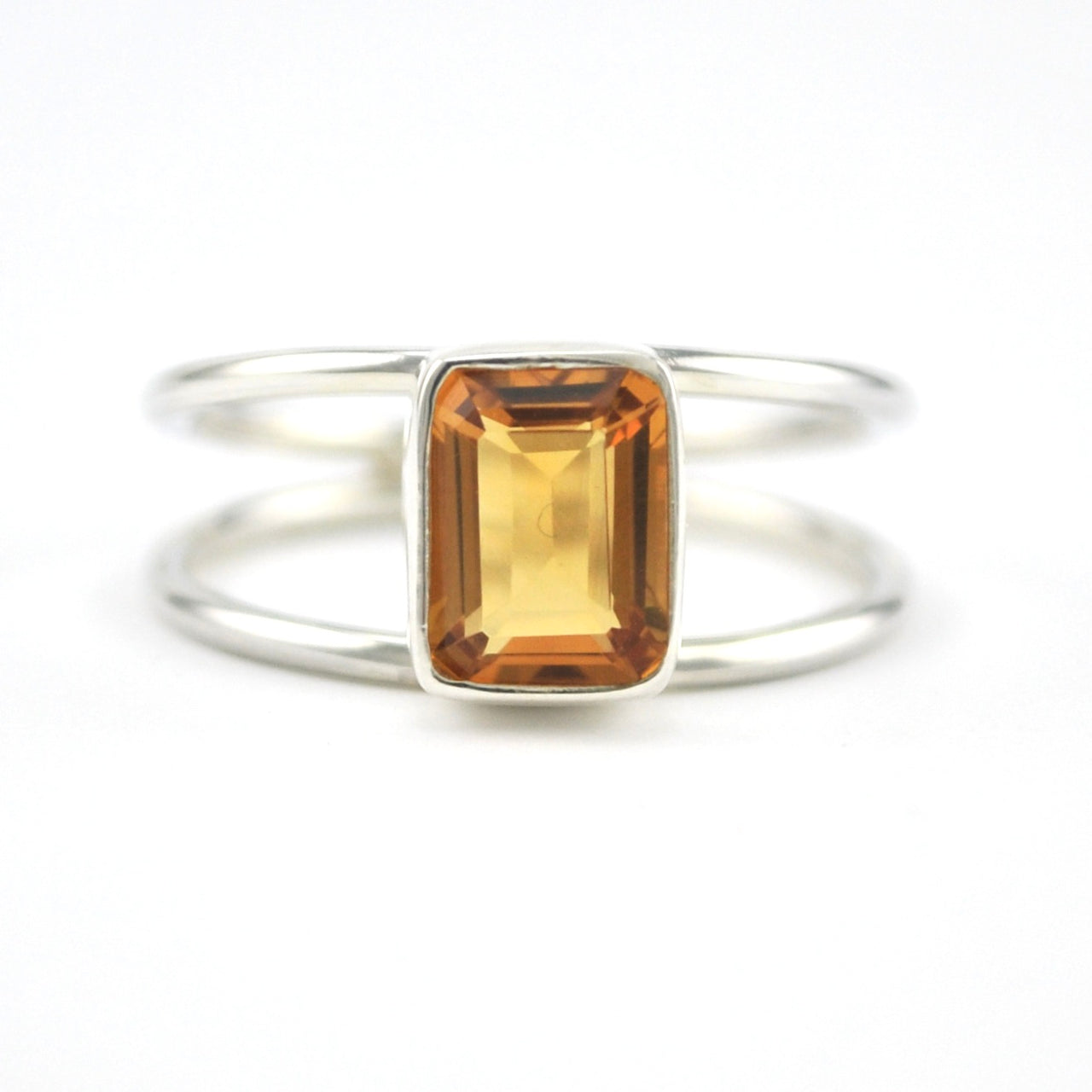 Front View Silver Citrine 6x8mm Rectangle 2 Band Ring