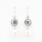 Silver Coin Pearl with Pearl Drop Earrings on white background