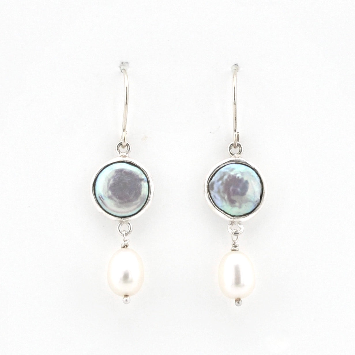 Silver Coin Pearl with Pearl Drop Earrings on white background
