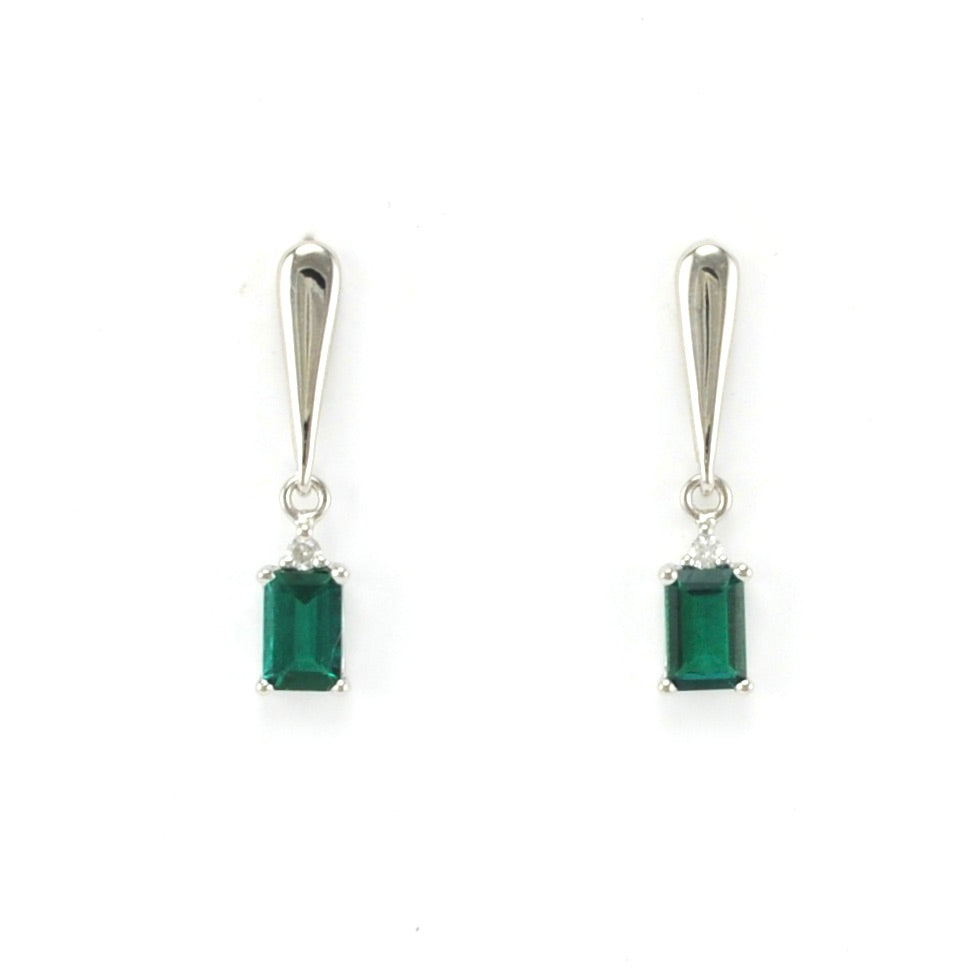 Front View Silver Created Emerald 1ct Rectangle Diamond .04ct Earrings