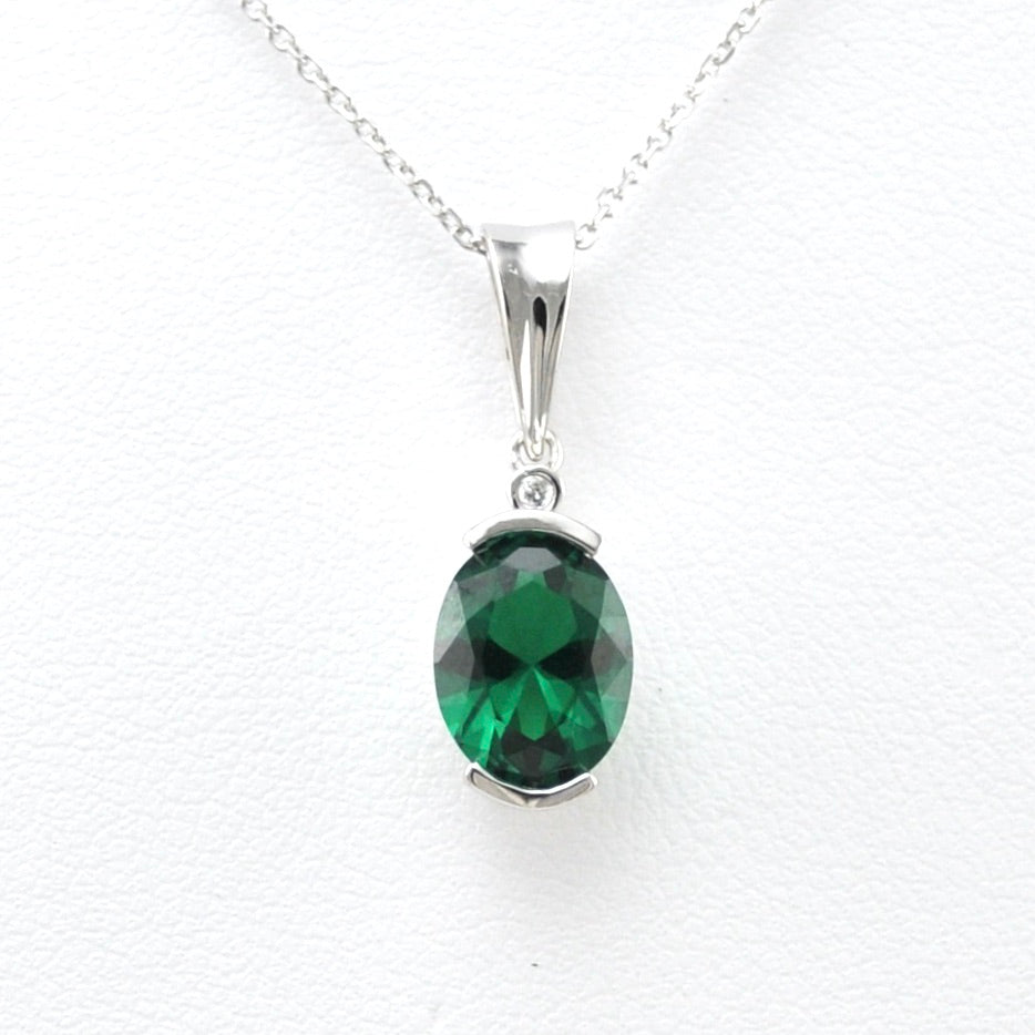Front View Silver Created Emerald 2ct Oval CZ Necklace