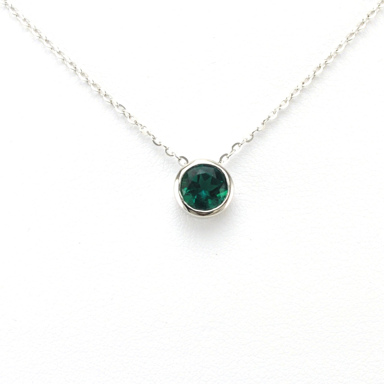Front View Silver Created Emerald 2ct Round Necklace