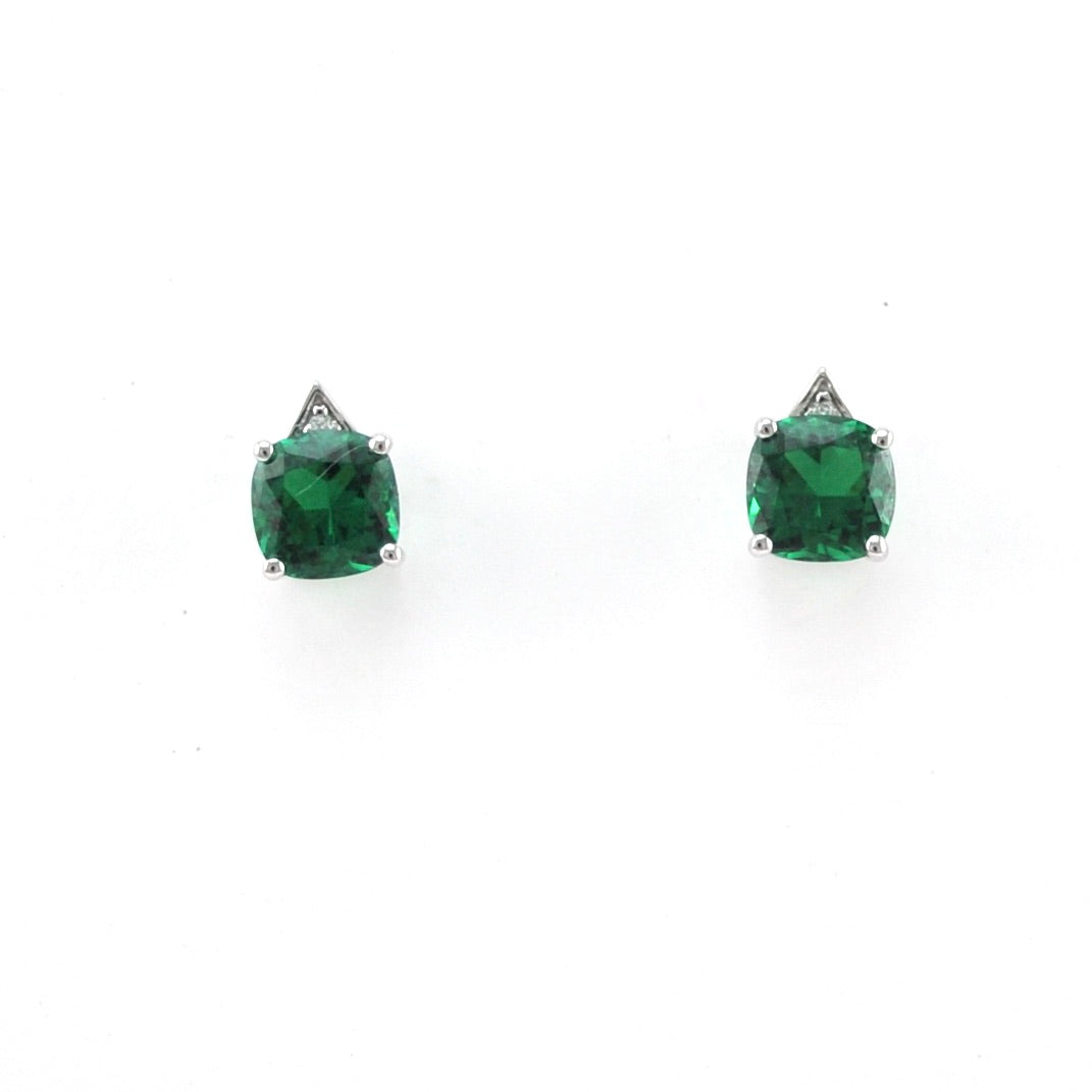 Front View Silver Created Emerald 2ct Square CZ Earrings