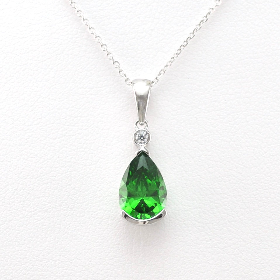 Front View Silver Created Emerald 3ct Tear CZ Necklace