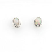 Front View Silver Ethiopian Opal 5X7mm Oval Bali Post Earrings