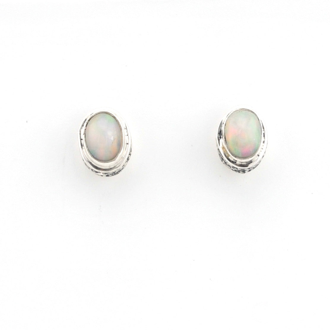 Front View Silver Ethiopian Opal 5X7mm Oval Bali Post Earrings