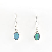 Pair of silver earrings with blue gemstones on a white background