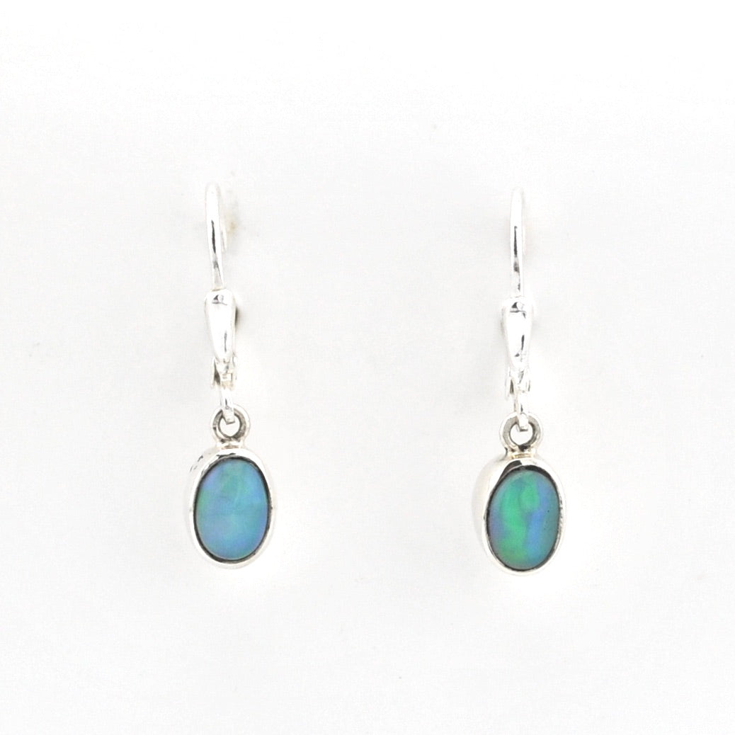 Pair of silver earrings with blue gemstones on a white background