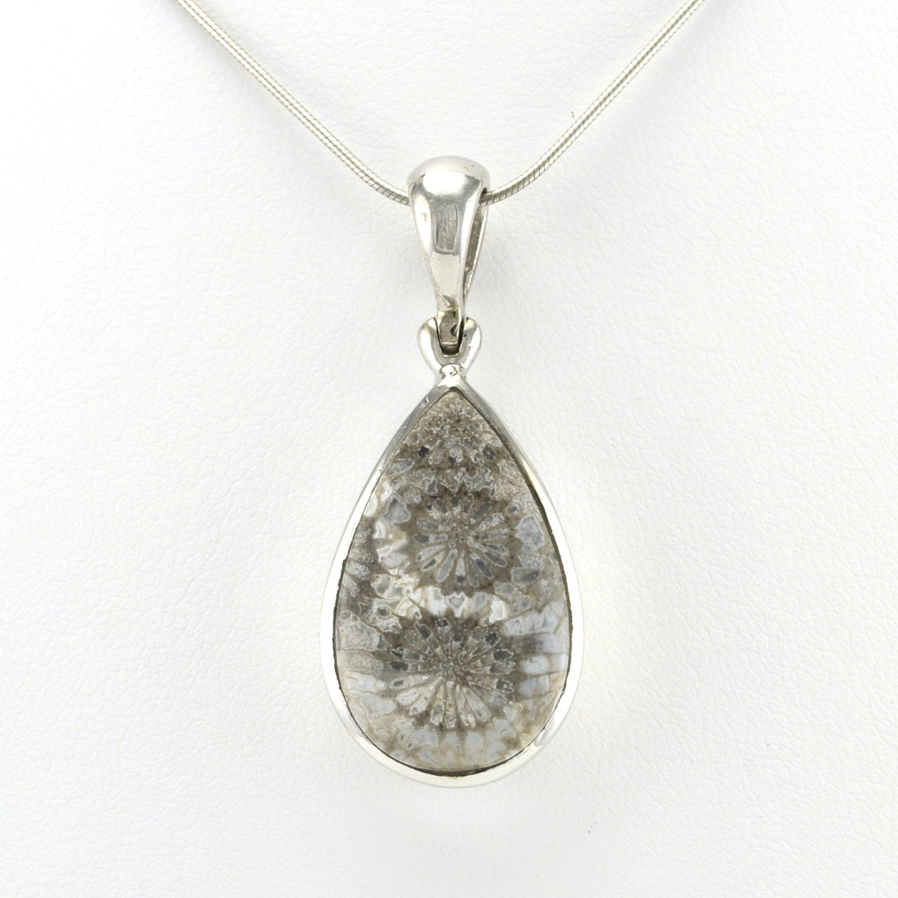 Front View Silver Fossil Coral 15x25mm Tear Pendant