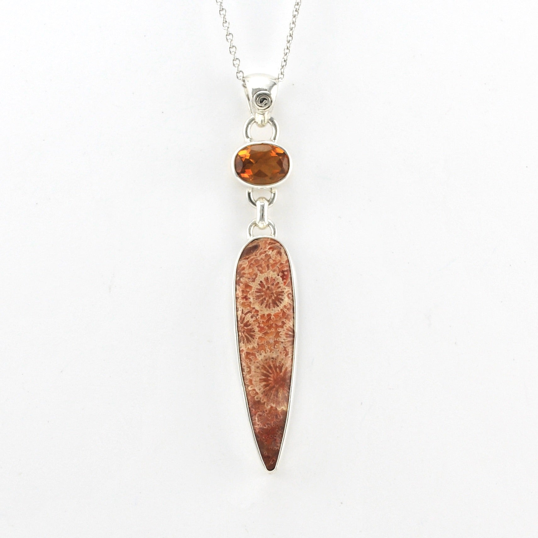 Front View Silver Fossil Coral with Oval Citrine Necklace